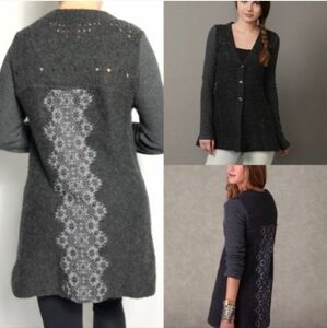 Free People | Gray Wool Button Up Cardigan, With Black Lace Detail Up Back